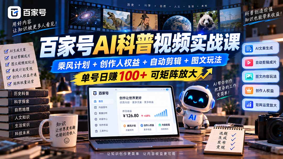 百家号AI科普视频实战课:乘风计划+创作人权益+自动剪辑+图文玩法,单号日赚100+可矩阵放大