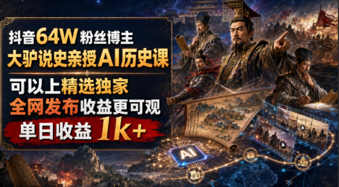 抖音64W粉丝博主大驴说史亲授AI历史课，可以上精选独家，全网发布收益更可观，单日收益1k+(更新)