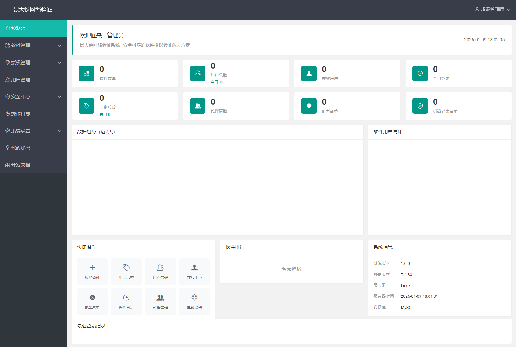 鼠大侠网络验证系统源码 一机一码授权验证 全开源