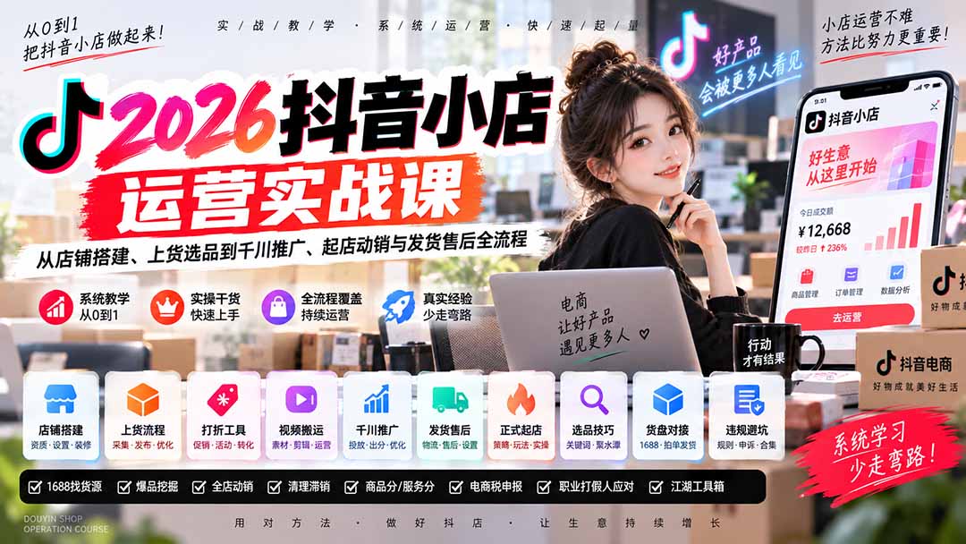 2026抖音小店运营实战课｜从店铺搭建、上货选品到千川推广、起店动销与发货售后全流程