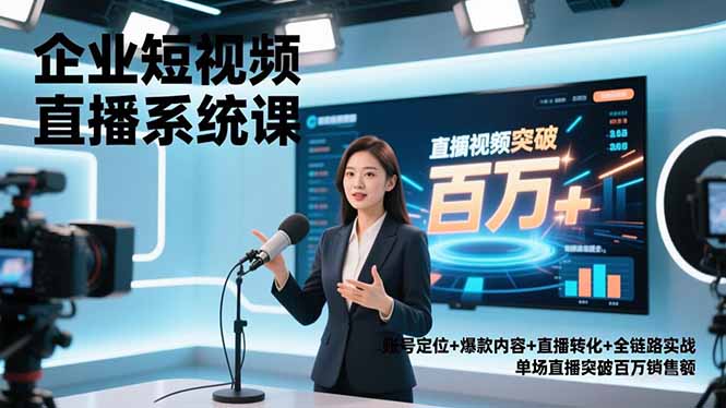 企业短视频直播系统课,账号定位+爆款内容+直播转化+全链路实战,单场直播突破百万销售额