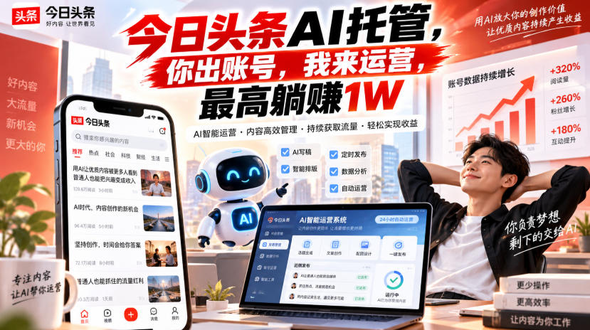 今日头条AI托管，你出账号，我来运营，最高躺賺1W【揭秘】