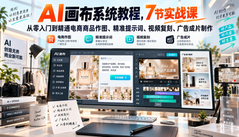 AI画布系统教程，7节实战课从零入门到精通电商商品作图、精准提示词、视频复刻、广告成片制作