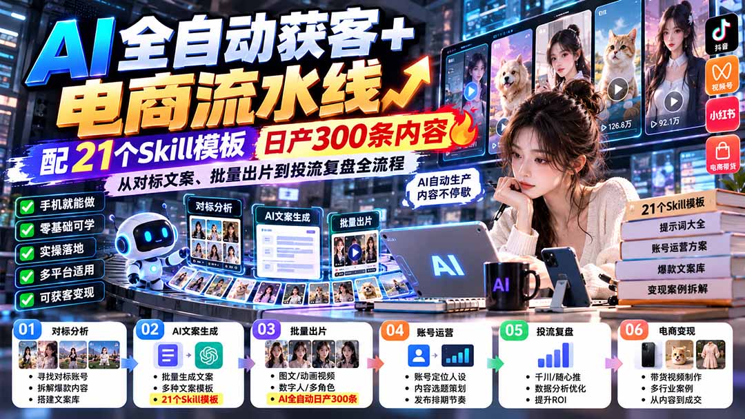 【无水印】AI全自动获客+电商流水线:配21个Skill模板,日产300条内容,从对标文案、批量出片到投流复盘全流程