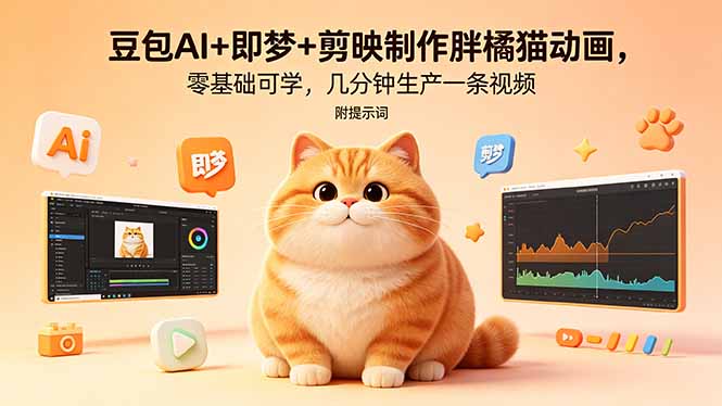 豆包AI+即梦+剪映制作胖橘猫动画,零基础可学,几分钟生产一条视频,附提示词