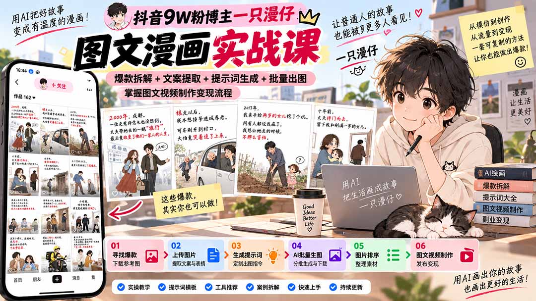 抖音9W粉博主一只漫仔图文漫画课:爆款拆解+文案提取+提示词生成+批量出图,掌握图文视频制作变现流程