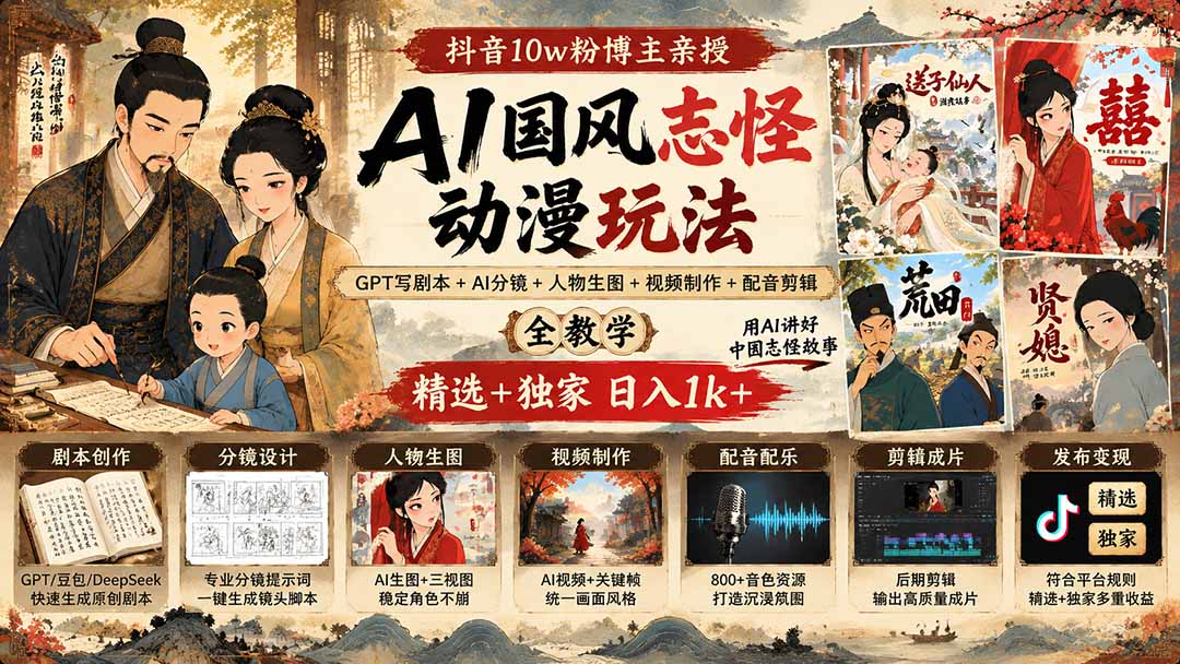 抖音10w粉博主亲授AI国风志怪动漫玩法｜GPT写剧本+AI分镜+人物生图+视频制作+配音剪辑全教学｜精选+独家日入1k+