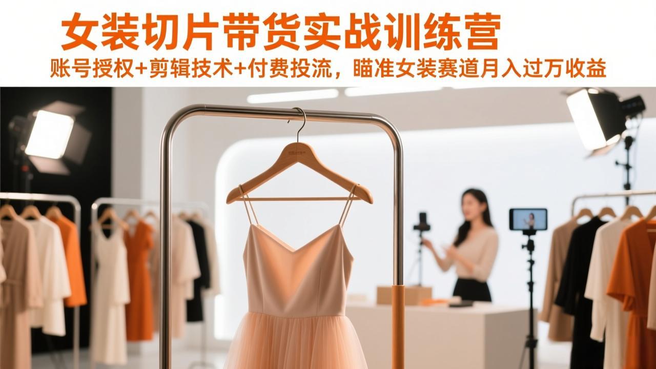 女装切片带货实战训练营，账号授权+剪辑技术+付费投流，瞄准女装赛道月入过万收益