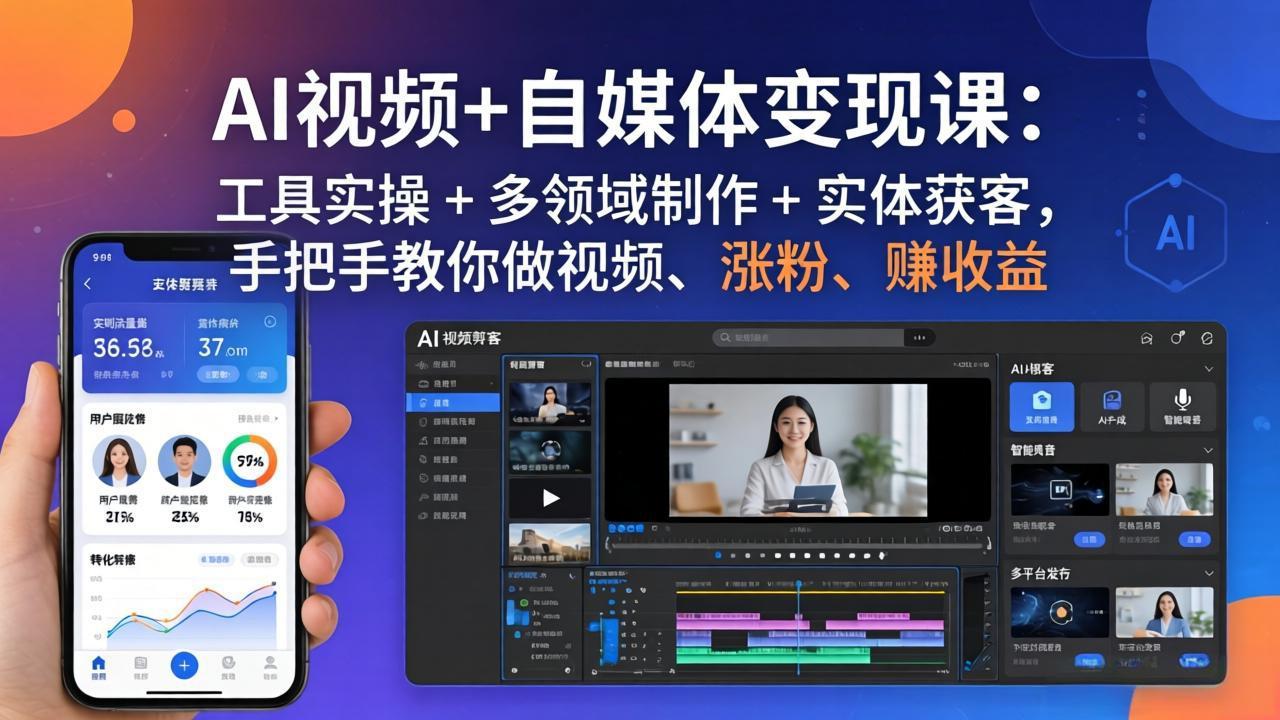 AI视频+自媒体变现课：工具实操 + 多领域制作 + 实体获客，手把手教你做视频、涨粉、赚收益