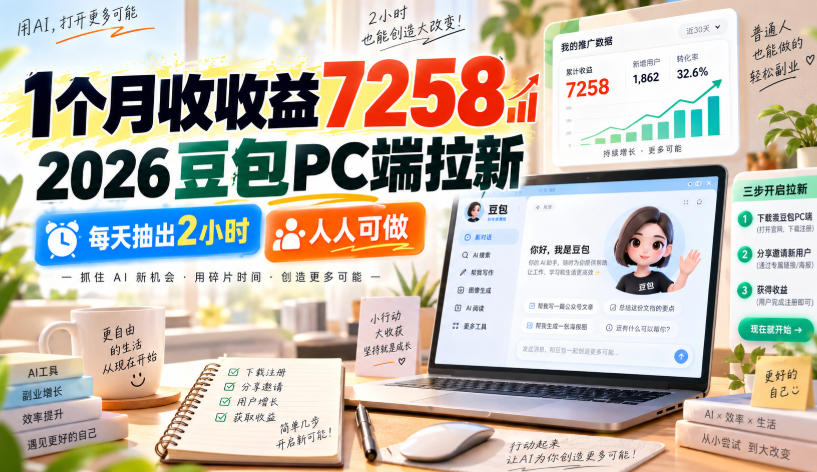 1个月收收益7258，2026豆包PC端拉新，每天抽出2小时，人人可做