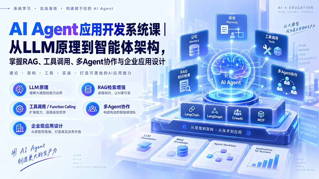 AI Agent应用开发系统课-179节|从LLM原理到智能体架构,掌握RAG、工具调用、多Agent协作与企业应用设计