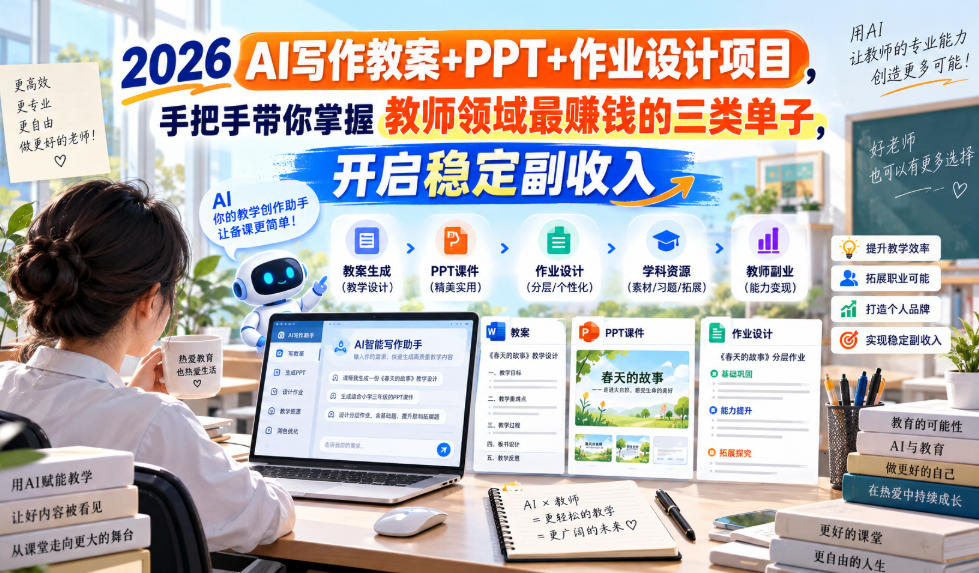 2026 AI写作教案+PPT+作业设计项目，手把手带你掌握教师领域最賺钱的三类单子，开启稳定副收入
