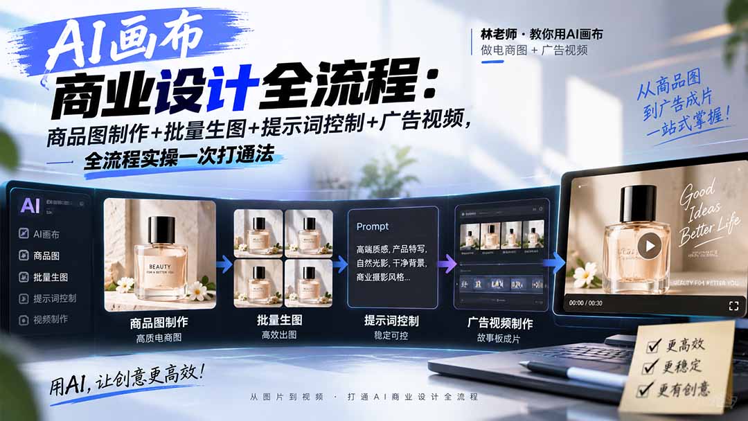 AI画布商业设计全流程：商品图制作+批量生图+提示词控制+广告视频，全流程实操一次打通法