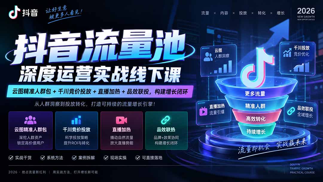 抖音流量池深度运营实战线下课|云图精准人群包+千川竞价投放+直播加热+品效联投,构建增长闭环