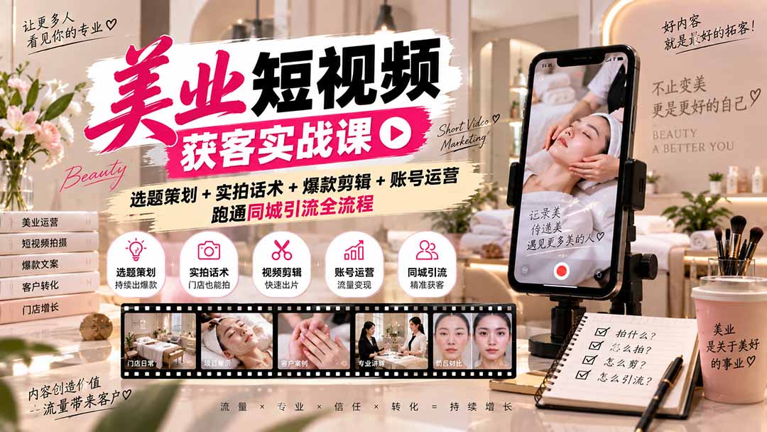 美业短视频获客实战课-无水印:选题策划+实拍话术+爆款剪辑+账号运营,跑通同城引流全流程