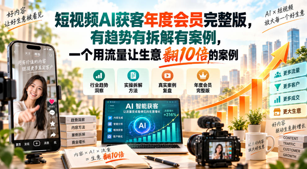 短视频AI获客年度会员完整版,有趋势有拆解有案例,一个用流量让生意翻10倍的案例