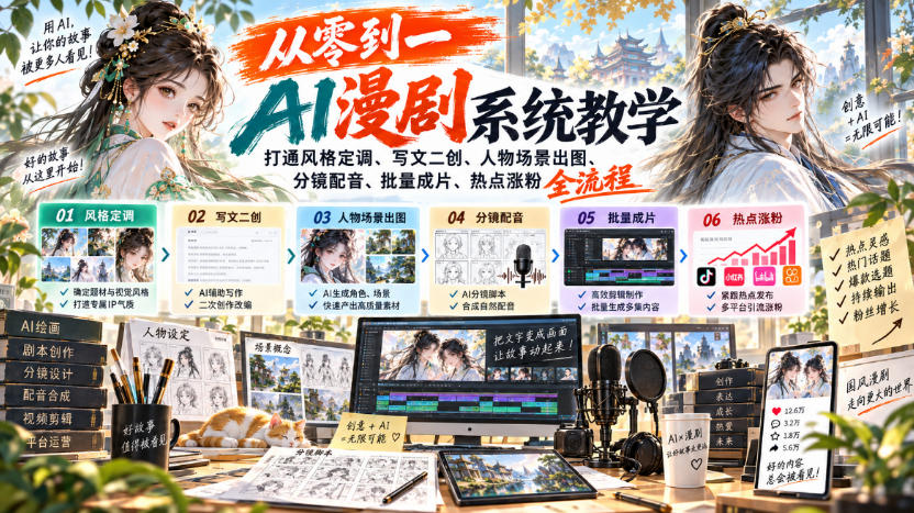从零到一AI漫剧系统教学，打通风格定调、写文二创、人物场景出图、分镜配音、批量成片、热点涨粉全流程