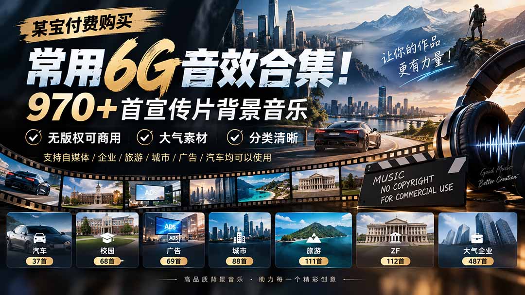 某宝付费购买,常用6G音效合集!970+首宣传片背景音乐,无版权可商用大气素材,分类清晰