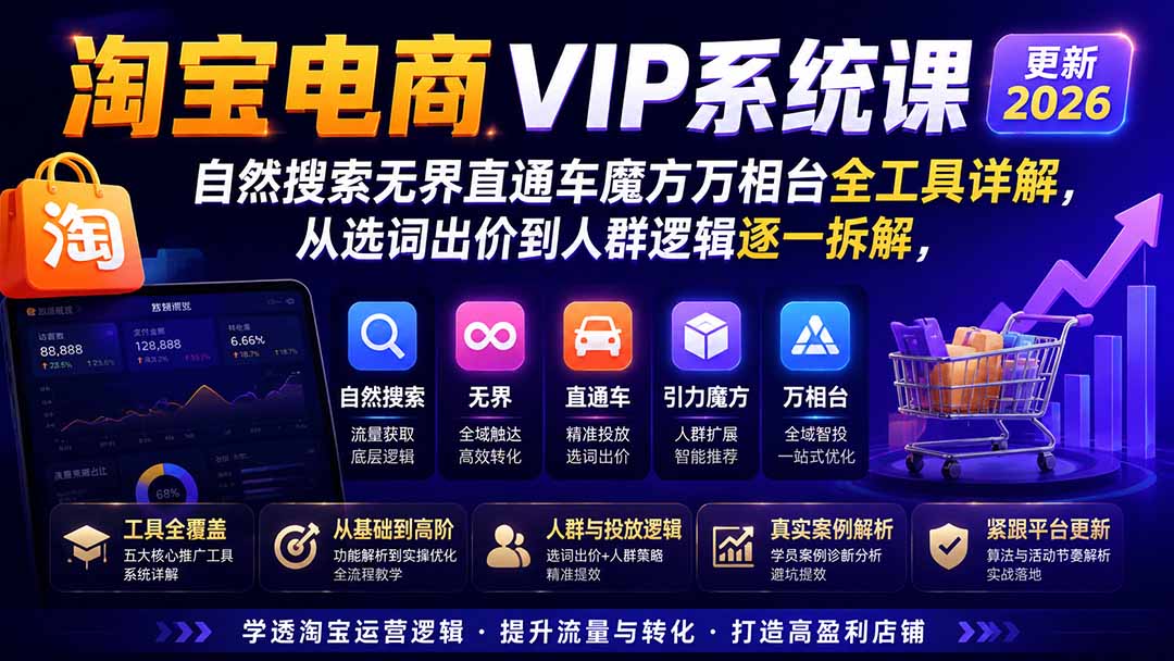 2026淘宝电商终局之战VIP课-更新0920：自然搜索+直通车+无界+精准人群，系统掌握测款动销与全店推广布局方法