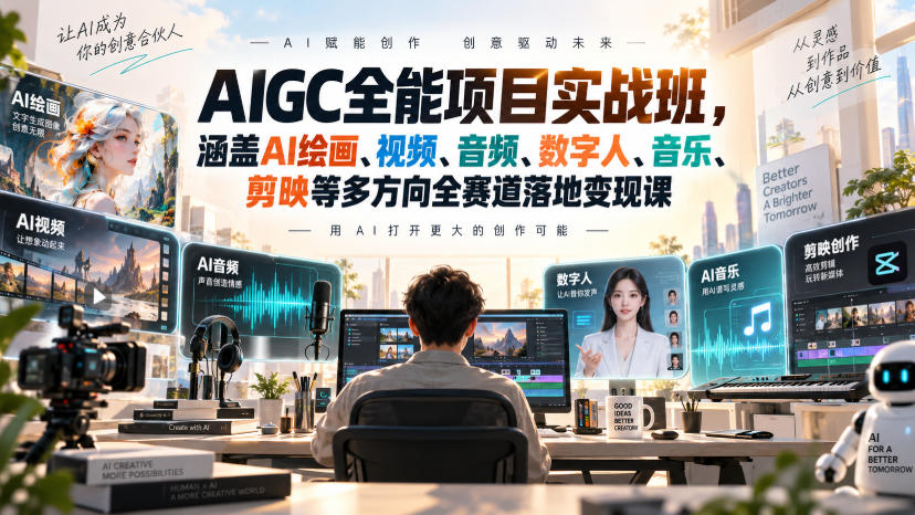 AIGC全能项目实战班，涵盖AI绘画、视频、音频、数字人、音乐、剪映等多方向全赛道落地变现课(更新)