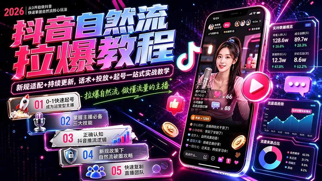 抖音自然流拉爆教程-更新9月:做懂流量的主播,新规适配+持续更新,话术+投放+起号一站式实战教学