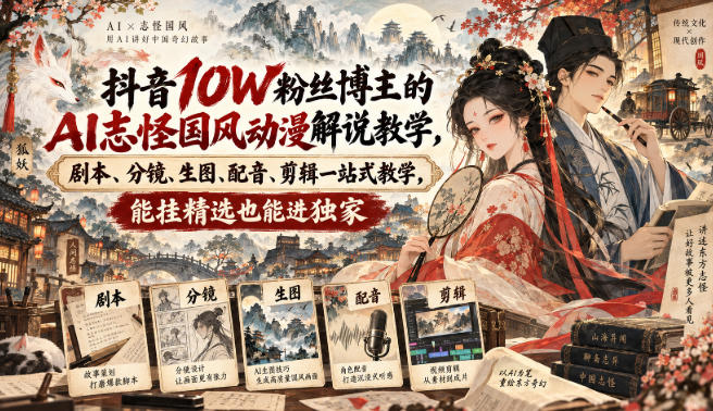 抖音10W粉丝博主满堂诡事的AI志怪国风动漫解说教学，剧本、分镜、生图、配音、剪辑一站式教学，能挂精选也能进独家​