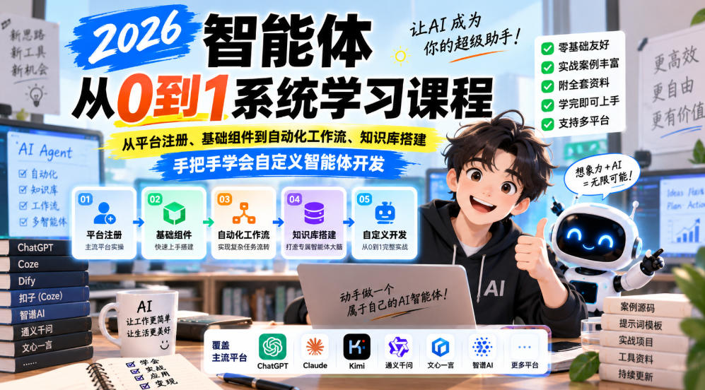 2026智能体从0到1系统学习课程，从平台注册、基础组件到自动化工作流、知识库搭建，手把手学会自定义智能体开发