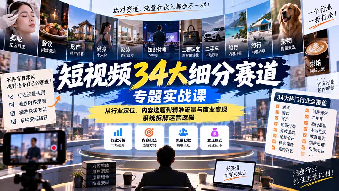 短视频34大细分赛道专题实战课:从行业定位、内容选题到精准流量与商业变现,系统拆解运营逻辑