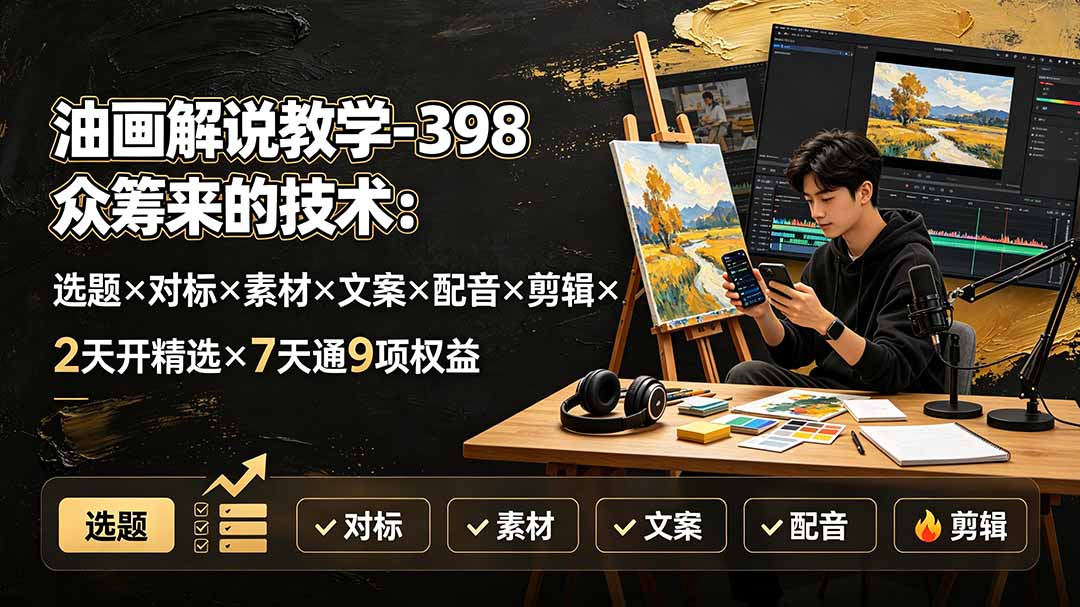 油画解说教学-398众筹来的技术：选题×对标×素材×文案×配音×剪辑×2天开精选×7天通9项权益