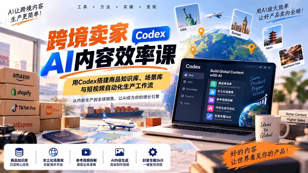 跨境卖家AI内容效率课:用Codex搭建商品知识库、场景库与短视频自动化生产工作流